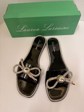 Lauren Lorraine Black Patent Slide Sandals with Crystal Bow